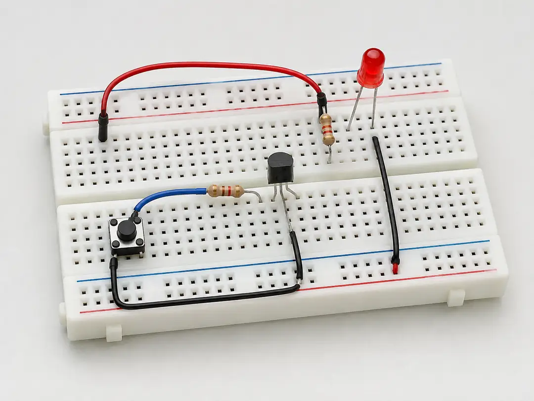 2N2222 transistör ile hazırlanan buton kontrollü LED anahtarlama devresi