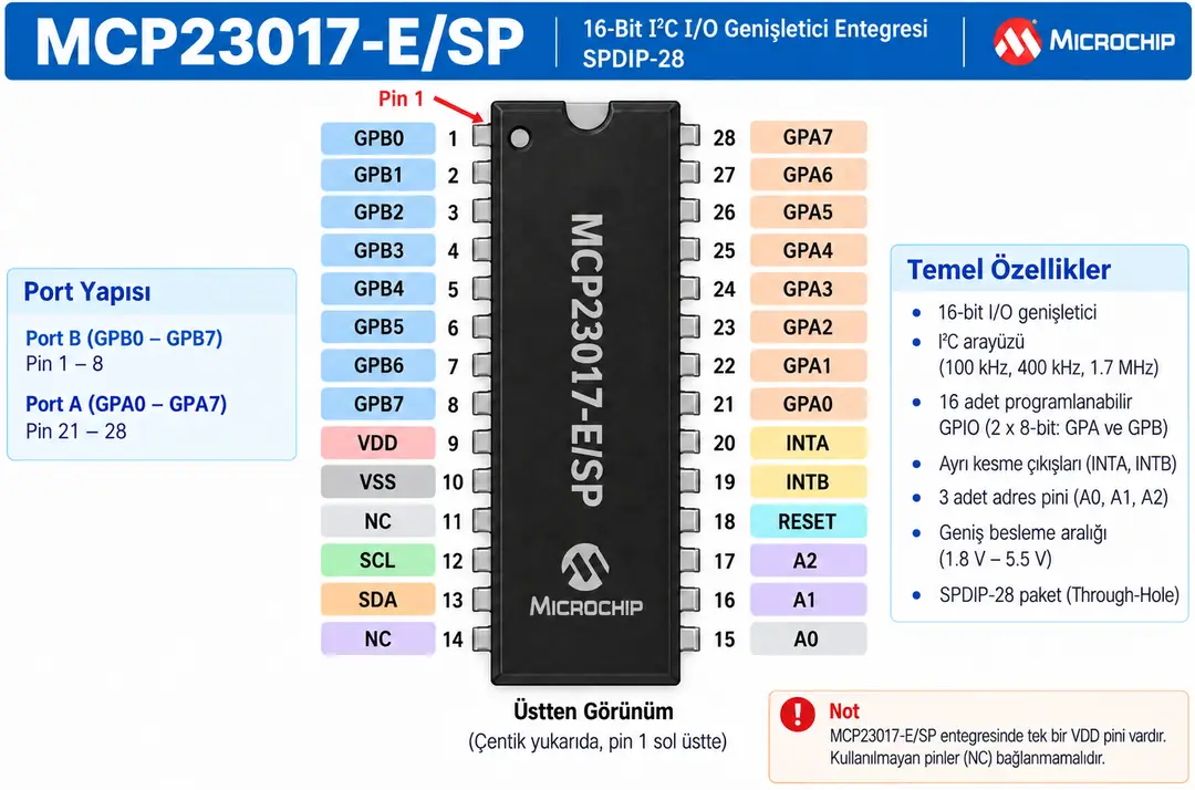 MCP23017-E/SP 16-Bit I2C I/O genişletici entegresi SPDIP-28 pin dizilimi