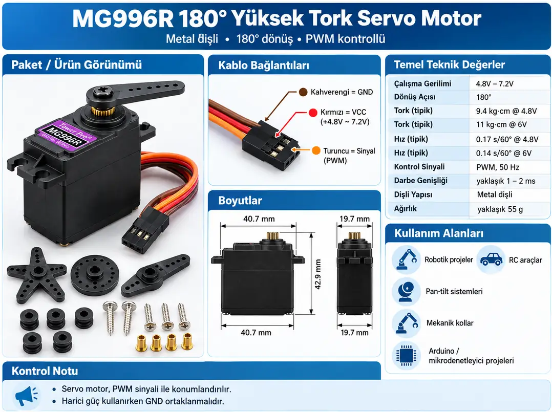 MG996R 180 derece metal dişli yüksek tork servo motor bağlantısı ve teknik özellikleri