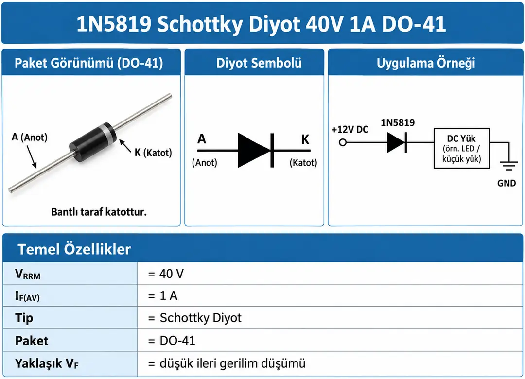 1N5819 Schottky diyot 40V 1A DO-41 anot katot yapısı ve ters polarite koruma devresi