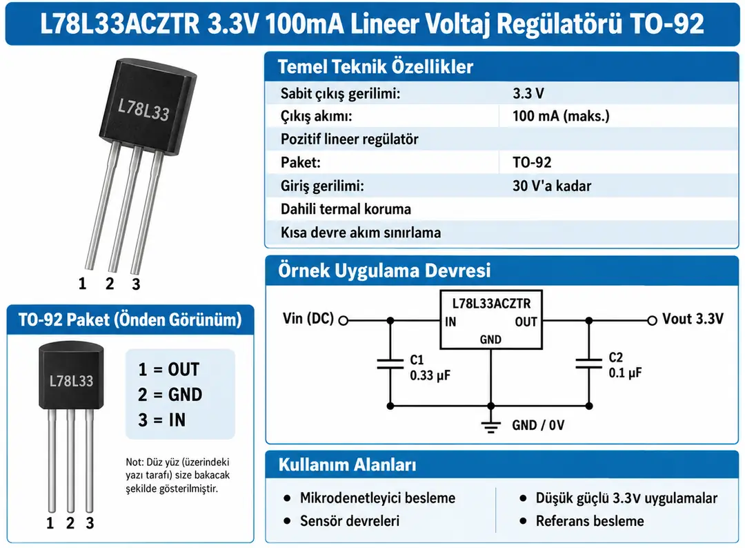 L78L33ACZTR 3.3V 100mA Lineer Voltaj Regülatörü TO-92 pin yapısı ve örnek devre