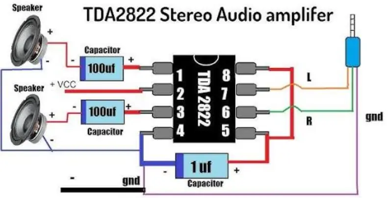 TDA2822L-D08-T stereo ses güç amplifikatörü DIP-8 bağlantı devresi