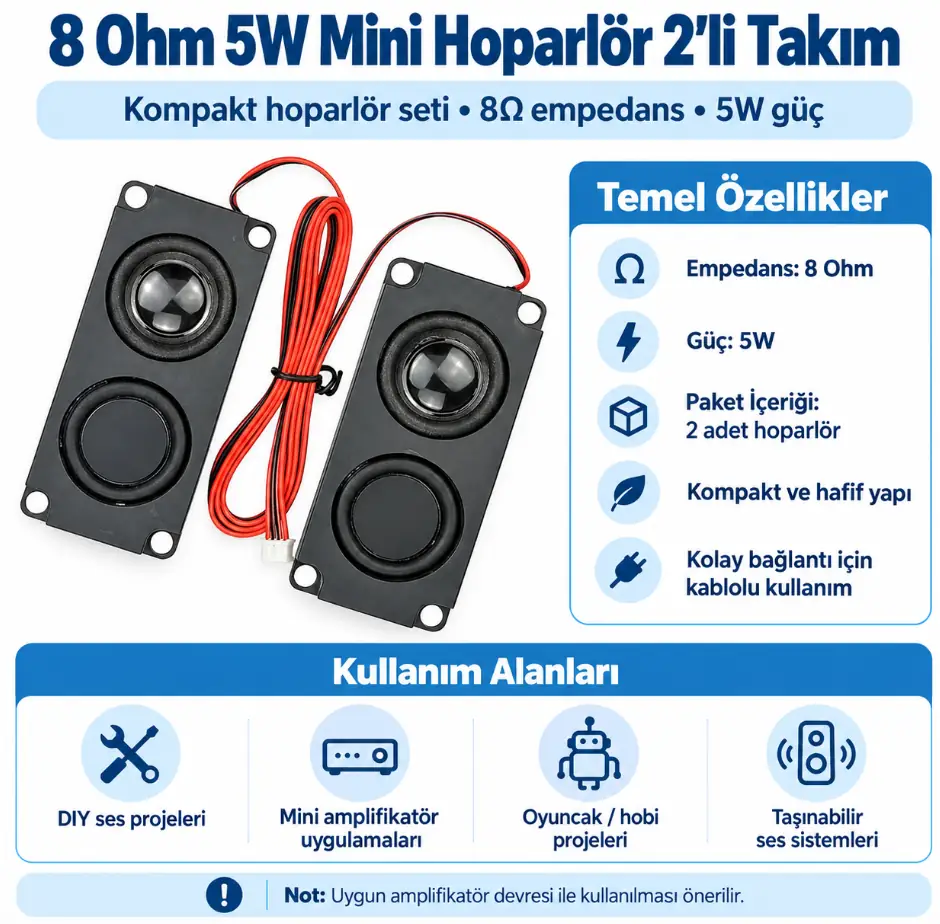 8 Ohm 5W mini hoparlör 2'li takım