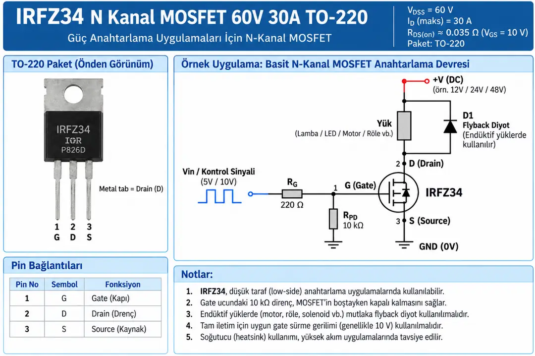 IRFZ34 N kanal MOSFET TO-220 pin dizilimi ve örnek anahtarlama devresi