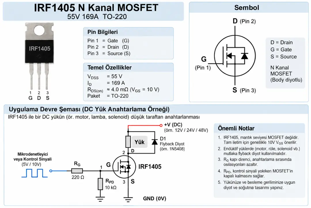 IRF1405 N kanal MOSFET TO-220 pin dizilimi ve yüksek akımlı anahtarlama devresi