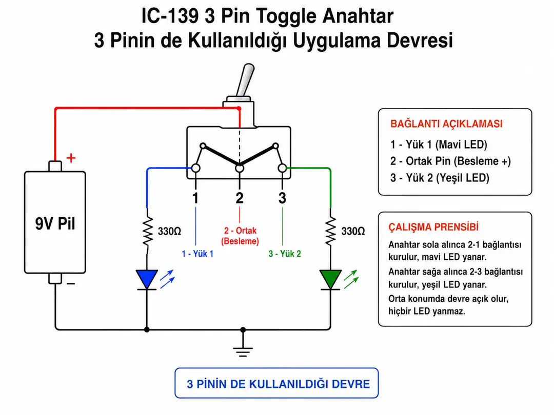 IC-139 3 pin toggle anahtar ile iki LED seçim devresi