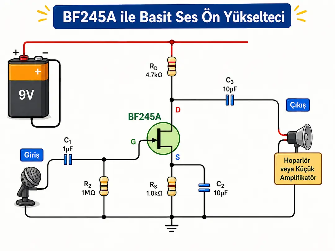 BF245A N-kanal JFET ile hazırlanan basit ses ön yükselteci devresi