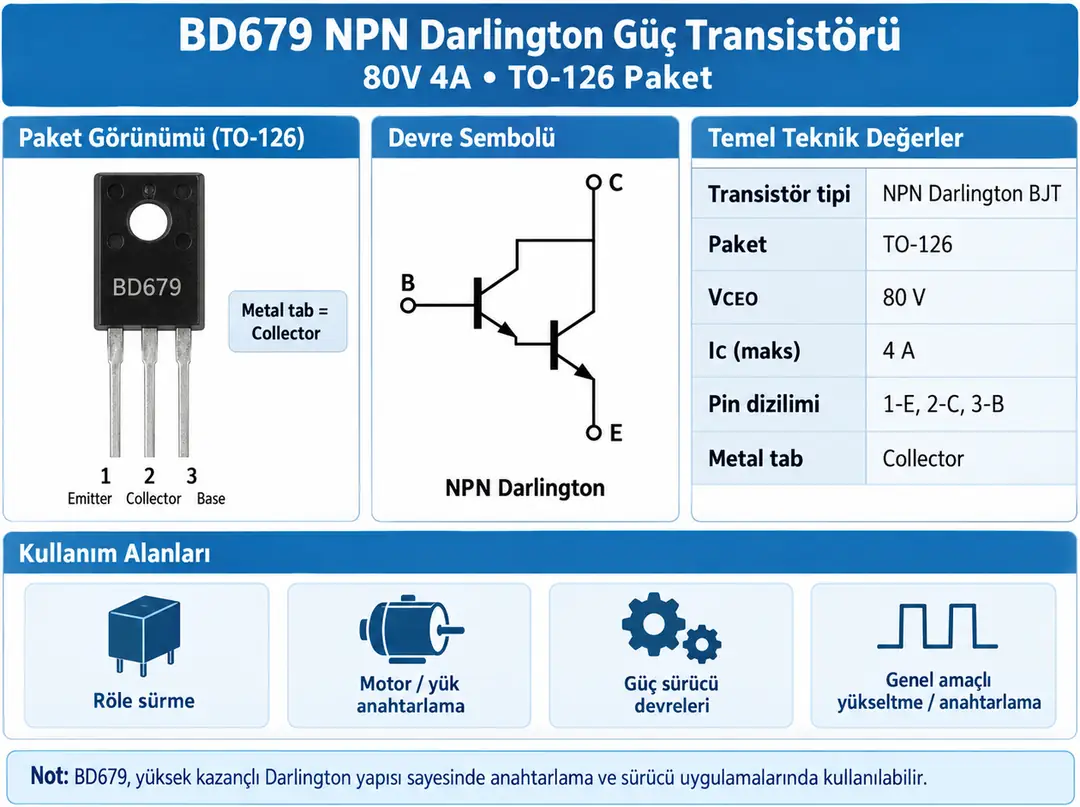 BD679 NPN Darlington Güç Transistörü 80V 4A TO-126 pin yapısı ve teknik özellikleri