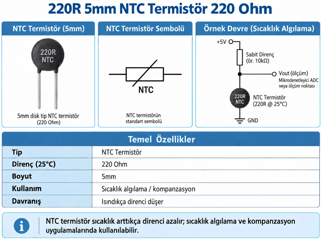 220R 5mm NTC Termistör 220 Ohm sıcaklık algılama devresi ve çalışma prensibi