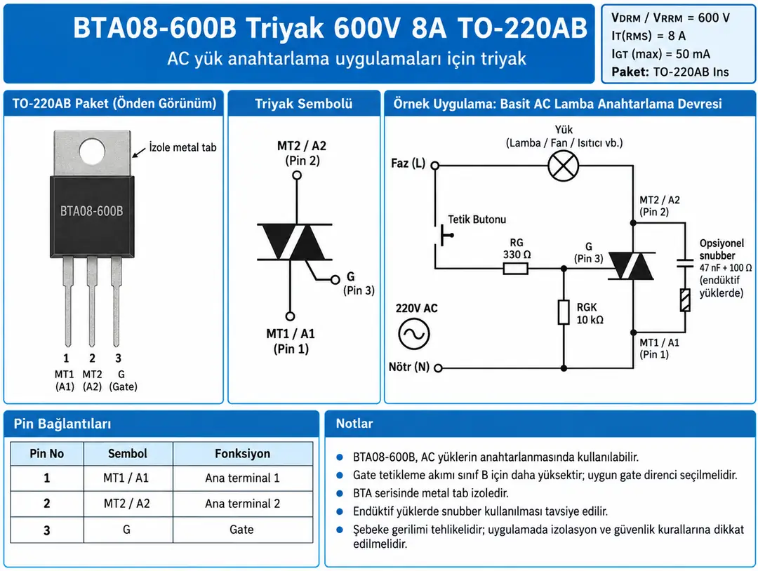 BTA08-600B 600V 8A Triyak TO-220AB pin dizilimi ve örnek AC anahtarlama devresi