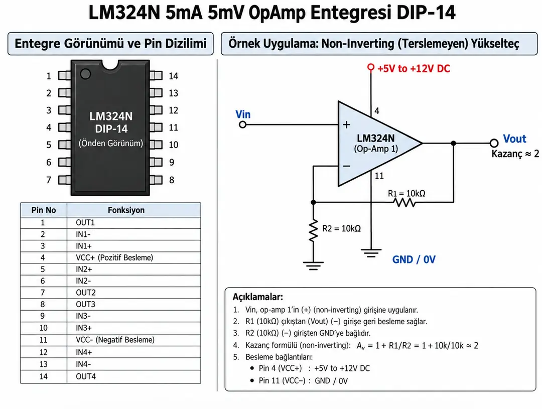 LM324N DIP-14 pin dizilimi ve non-inverting operasyonel amplifikatör devresi