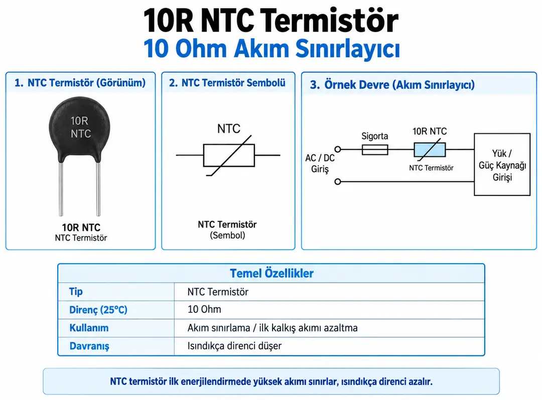 10R NTC 10 Ohm akım sınırlayıcı termistör çalışma prensibi ve örnek bağlantı