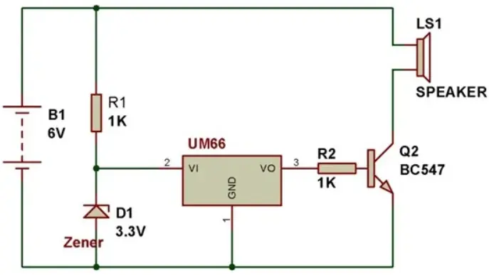 UM66T-19LK-T92-K melodi üreteci entegresi pin yapısı ve örnek kullanım devresi