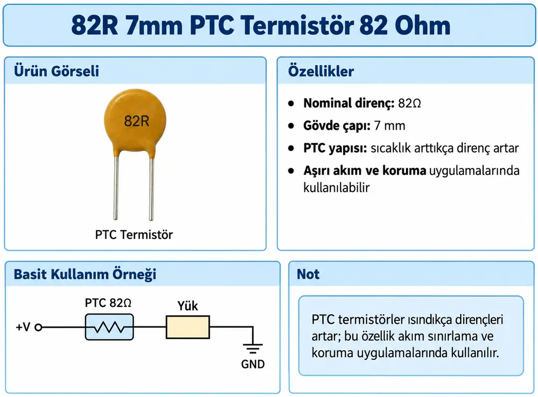 82R 7mm PTC Termistör 82 Ohm çalışma prensibi ve seri bağlantı örneği