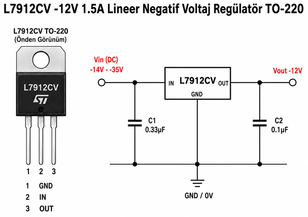 L7912CV -12V negatif lineer voltaj regülatörü pin bağlantıları ve devre şeması