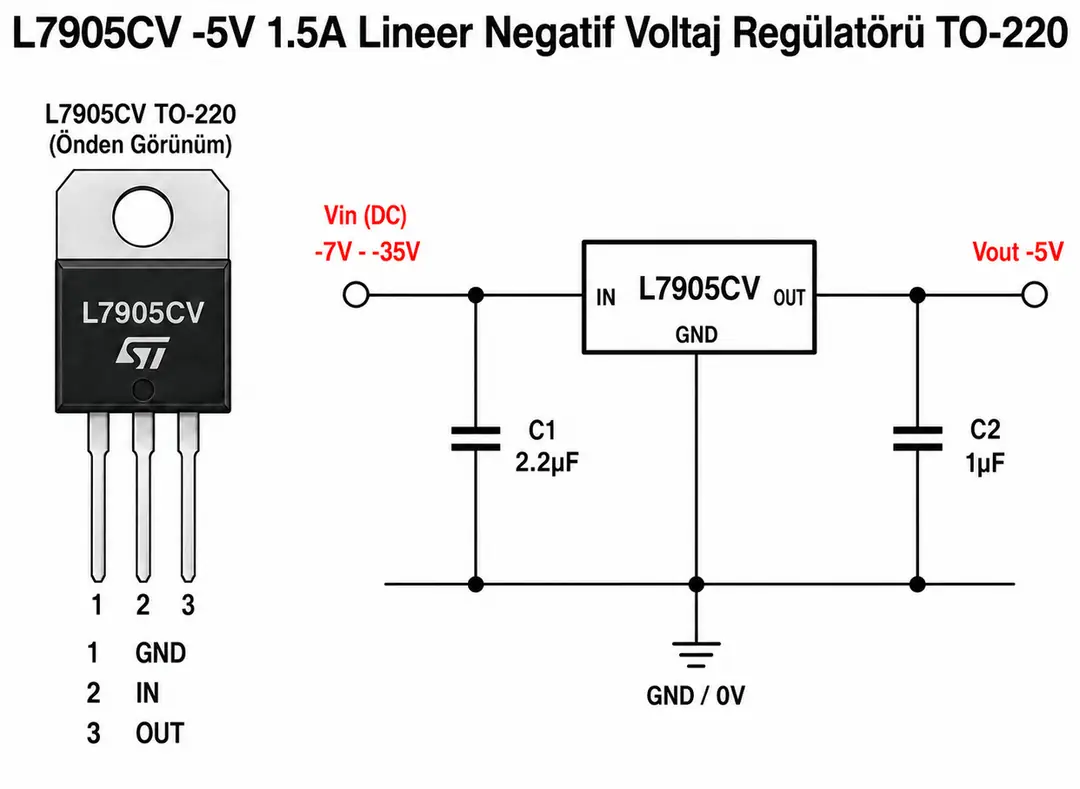 L7905CV -5V negatif lineer voltaj regülatörü pin bağlantıları ve devre şeması