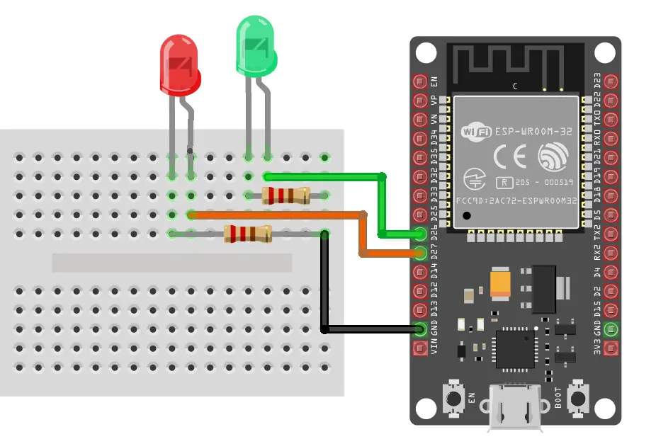ESP32 ile breadboard üzerinde iki LED ve direnç bağlantı şeması
