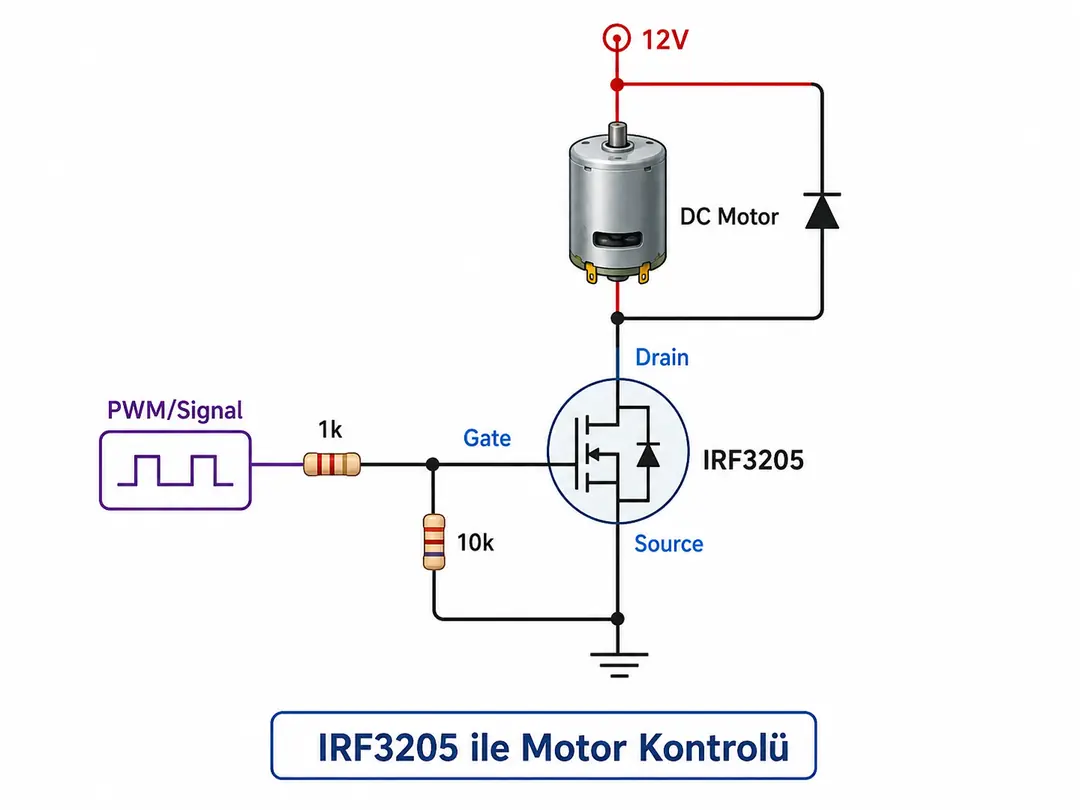 IRF3205 N-kanal MOSFET ile hazırlanan 12V DC motor kontrol devresi