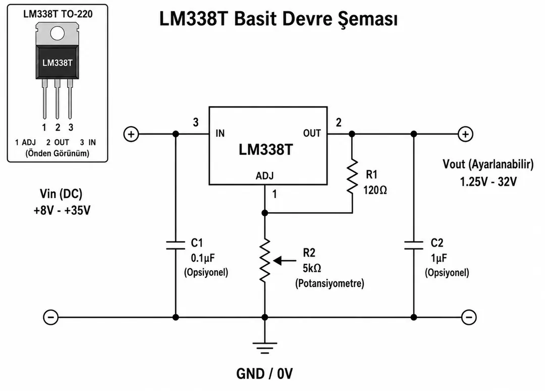 LM338T TO-220 pin bağlantıları ve ayarlanabilir voltaj regülatörü devre şeması