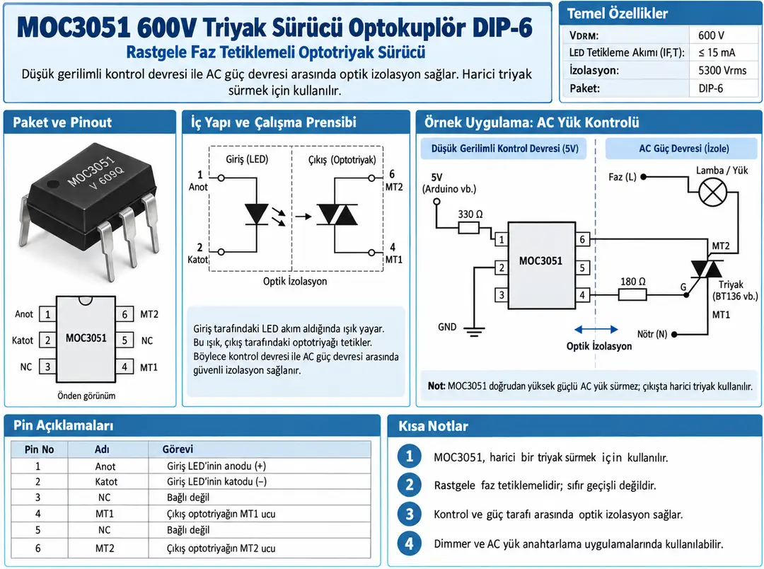 MOC3051 600V Random Phase Triyak Sürücü Optokuplör DIP-6 pin yapısı ve AC yük kontrol devresi