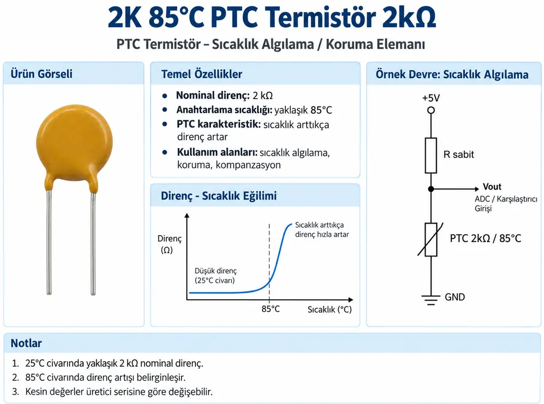 2K 85 derece PTC Termistör 2kOhm çalışma prensibi ve sıcaklık algılama devresi