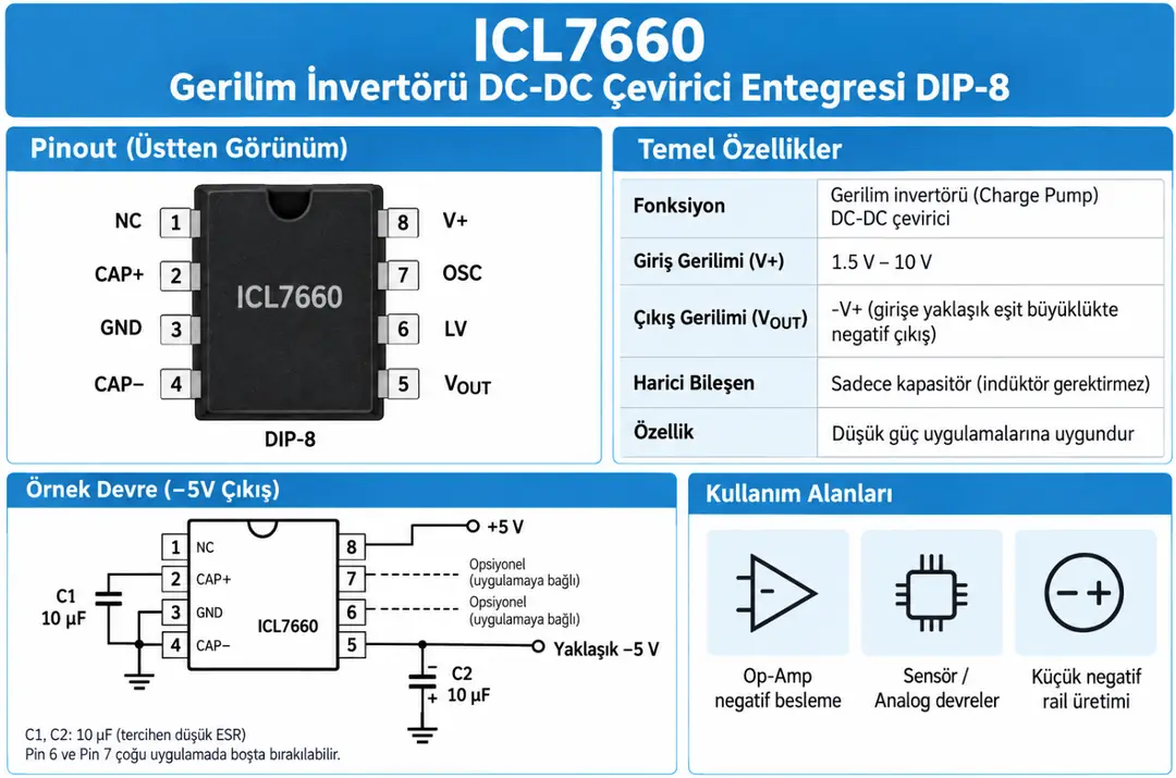 ICL7660 Gerilim İnvertörü DC-DC Çevirici DIP-8 pin yapısı ve negatif gerilim üretme devresi
