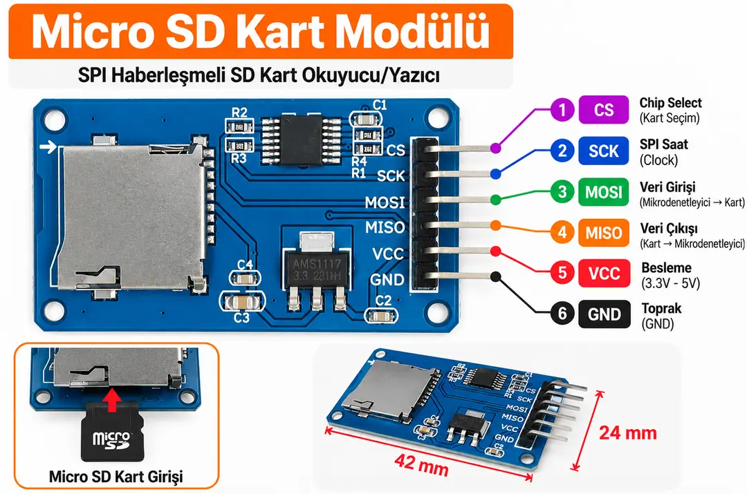 Micro SD kart okuyucu yazma modülü SPI Arduino uyumlu