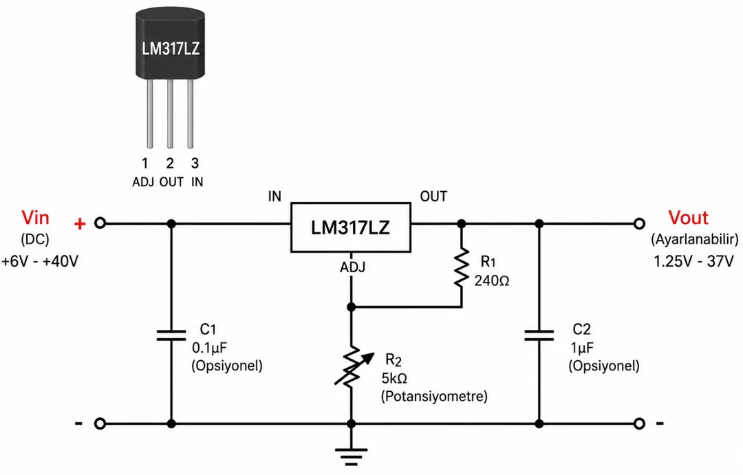 LM317LZ TO-92-3 pin bağlantıları ve ayarlanabilir voltaj regülatörü devre şeması