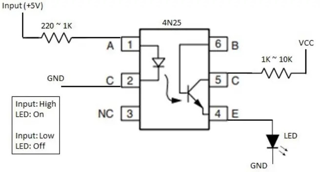 4N25 fototransistör çıkışlı optokuplör DIP-6 pin yapısı ve örnek izolasyon devresi