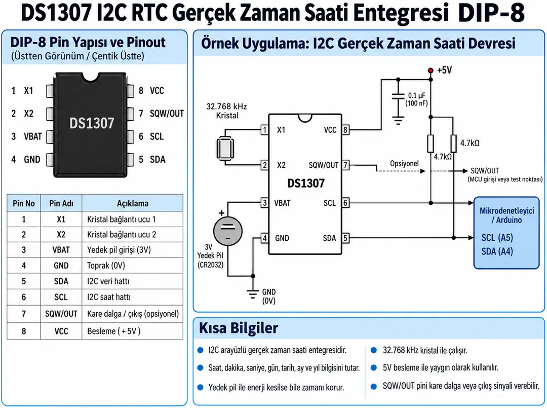 DS1307 I2C RTC Gerçek Zaman Saati Entegresi DIP-8 pin yapısı ve örnek bağlantı devresi