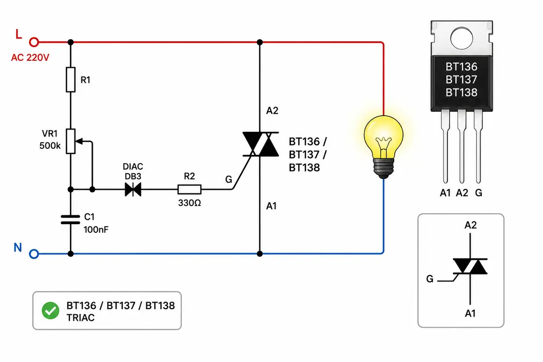 BT136, BT137 ve BT138 TRIAC modelleriyle hazırlanabilen AC lamba dimmer devresi
