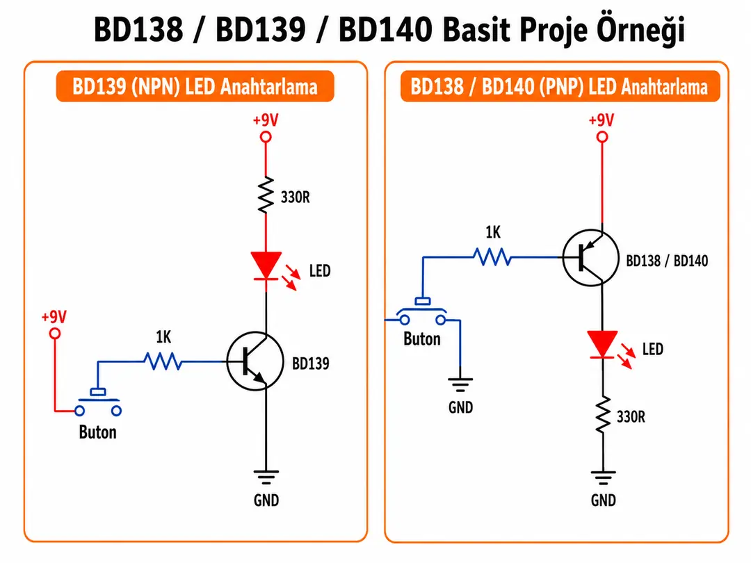 BD138, BD139 ve BD140 transistörlerle yapılabilen basit anahtarlama uygulaması