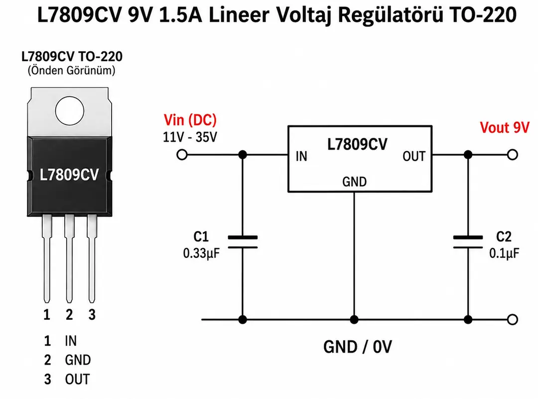 L7809CV 9V voltaj regülatörü pin bağlantıları ve örnek devre şeması