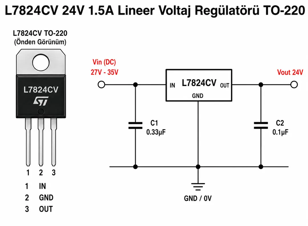 L7824CV 24V lineer voltaj regülatörü pin bağlantıları ve örnek devre şeması