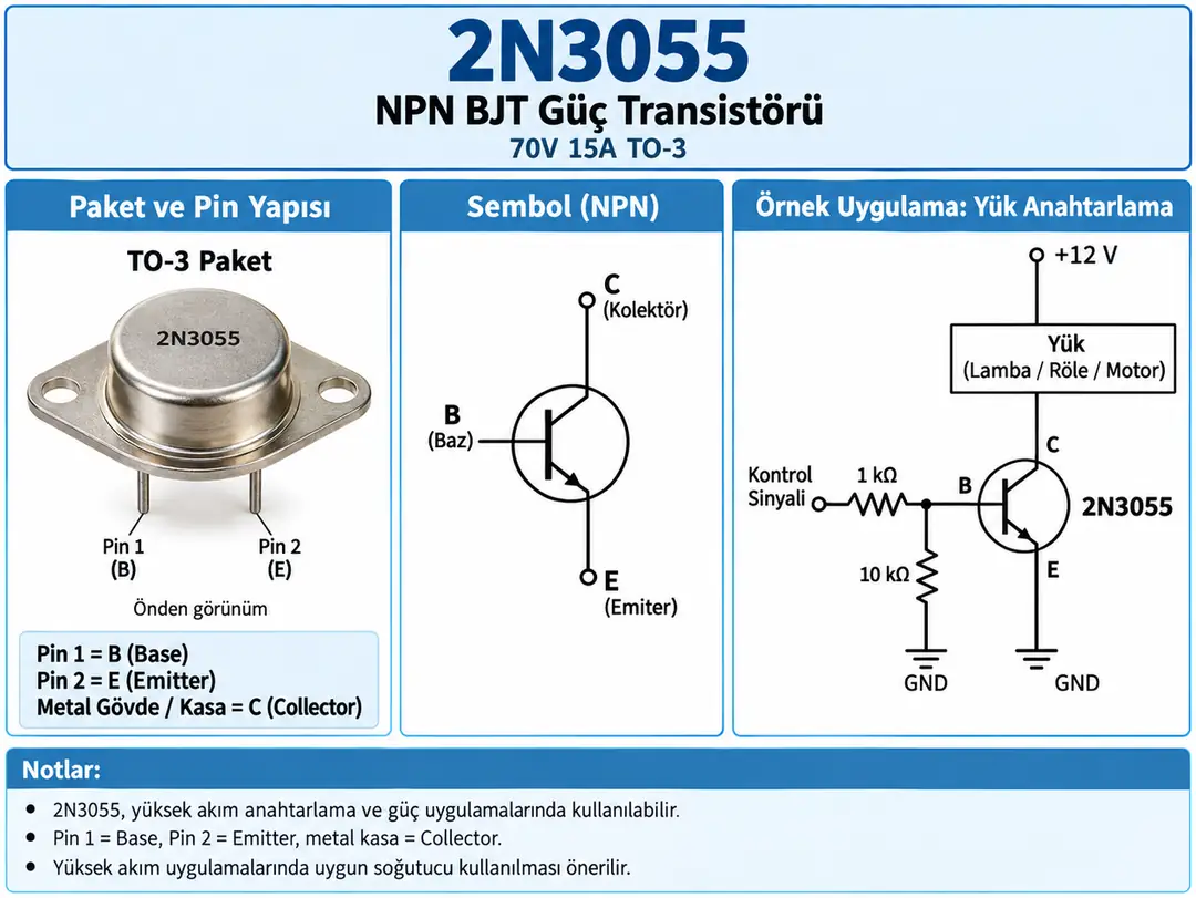 2N3055 NPN BJT güç transistörü TO-3 pin dizilimi ve temel kullanım yapısı