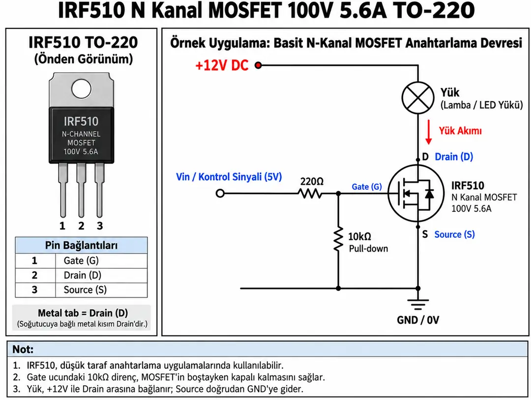 IRF510 N kanal MOSFET TO-220 pin dizilimi ve örnek anahtarlama devresi
