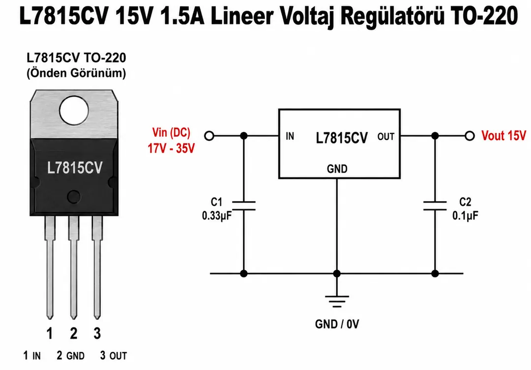 L7815CV 15V lineer voltaj regülatörü pin bağlantıları ve örnek devre şeması