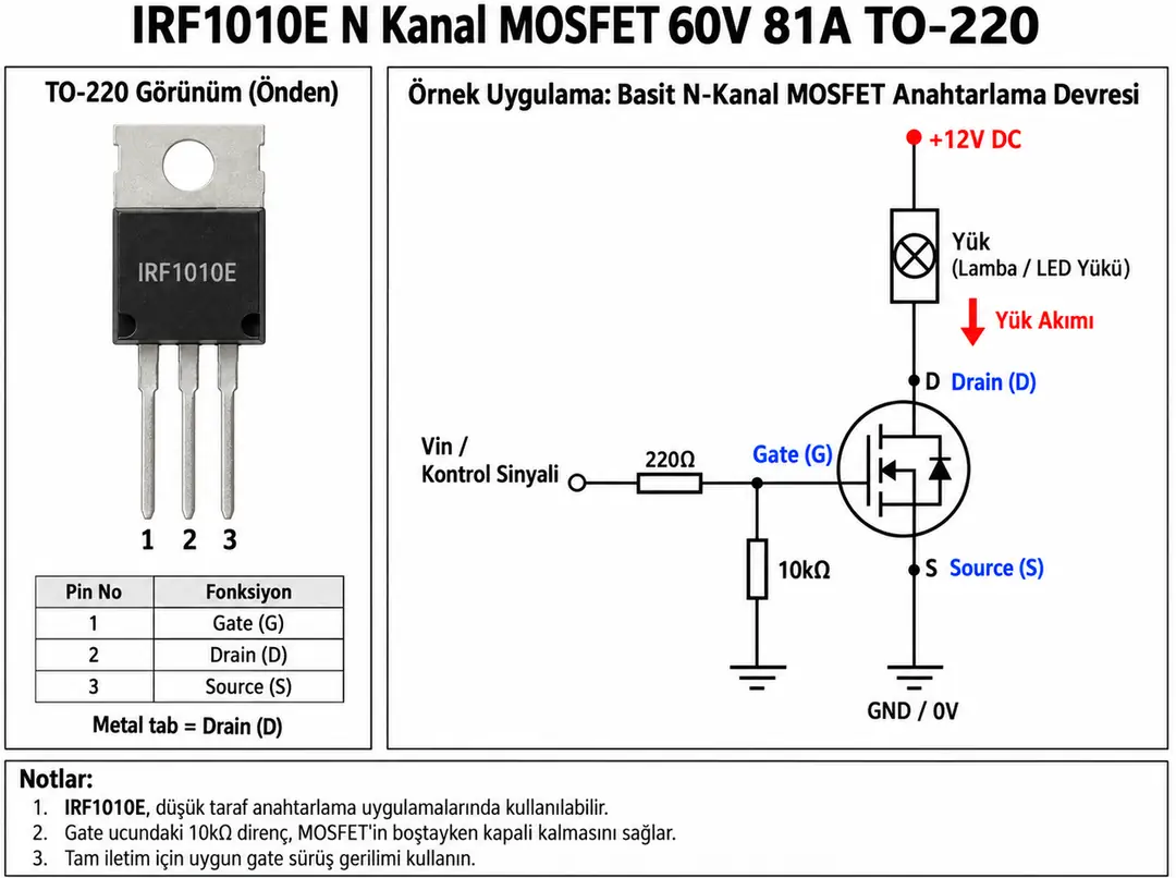 IRF1010E N kanal MOSFET TO-220 pin dizilimi ve low-side yük anahtarlama devresi