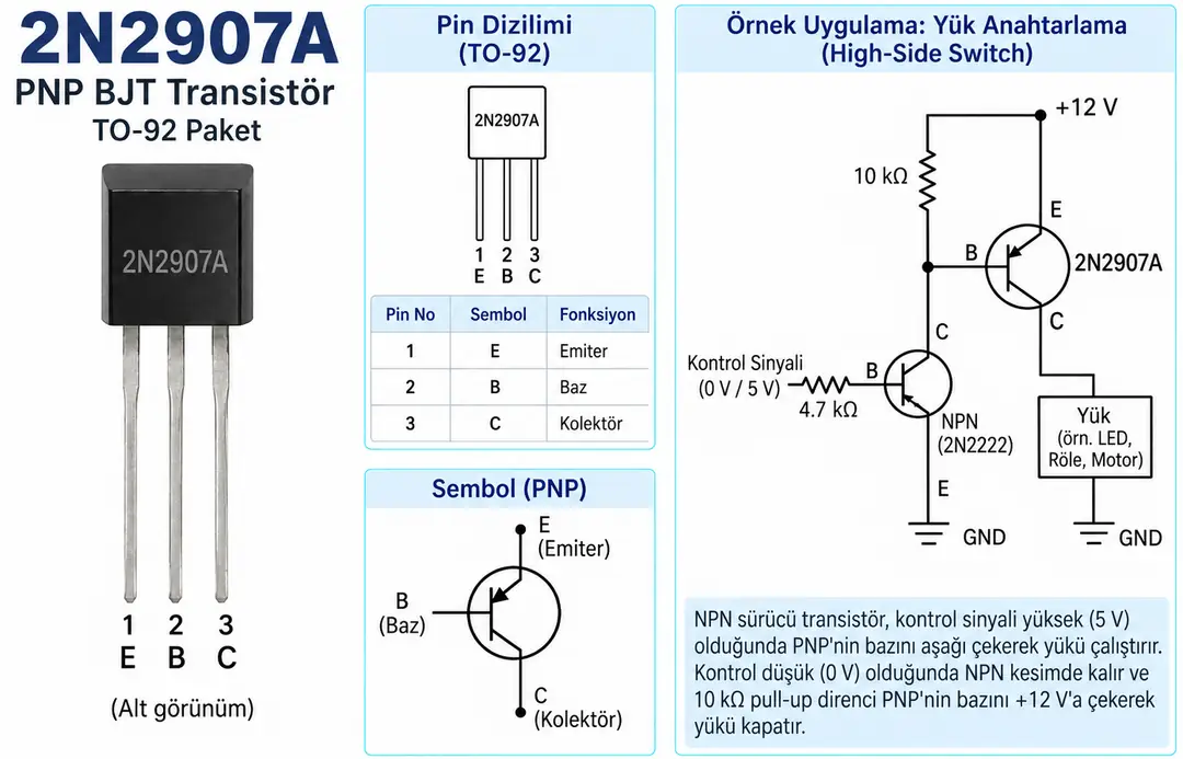 2N2907A PNP BJT transistör TO-92 pin dizilimi ve NPN sürücülü high-side anahtarlama devresi
