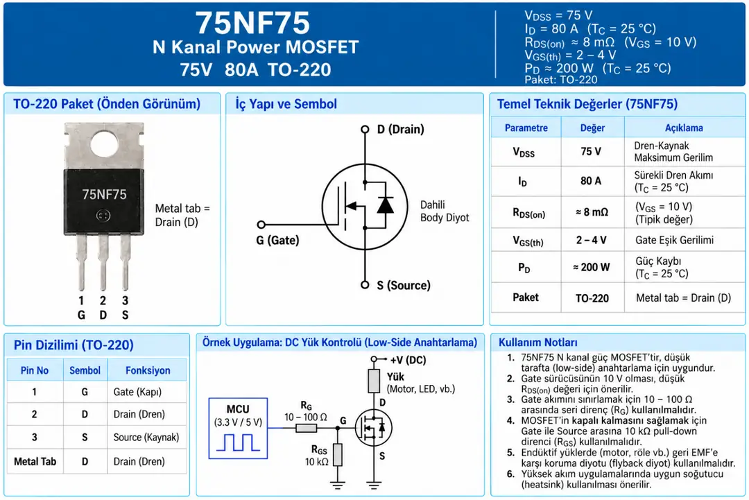 75NF75 N kanal MOSFET 75V 80A TO-220 pin dizilimi ve düşük taraf anahtarlama devresi
