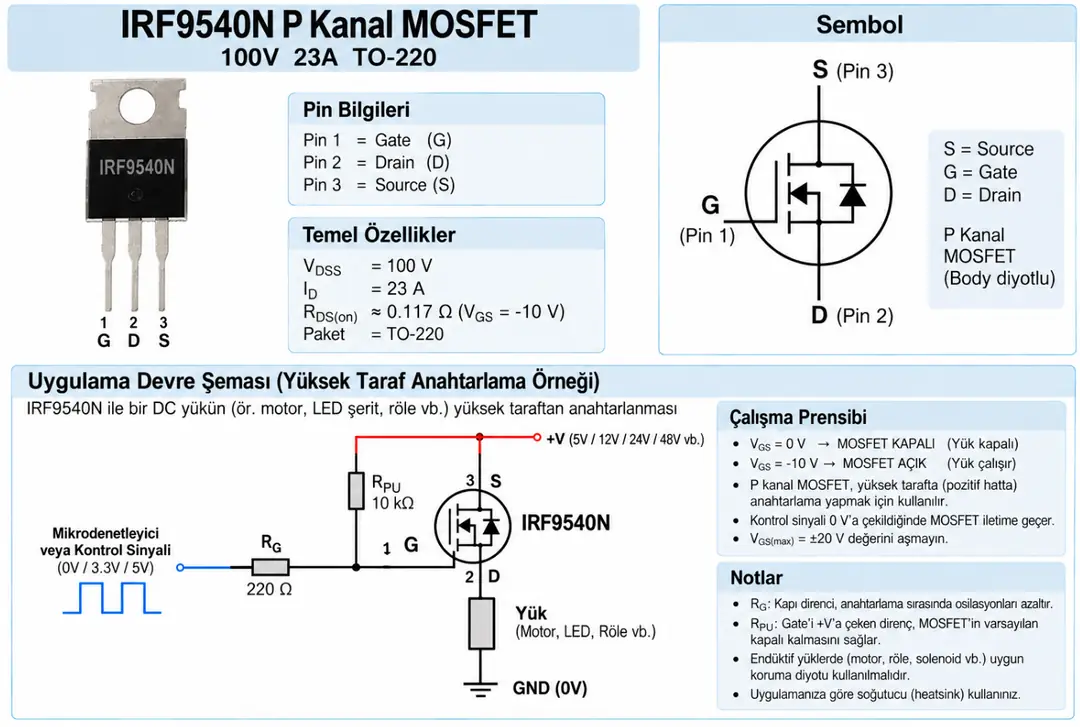 IRF9540N P kanal MOSFET TO-220 pin dizilimi ve high-side anahtarlama devresi