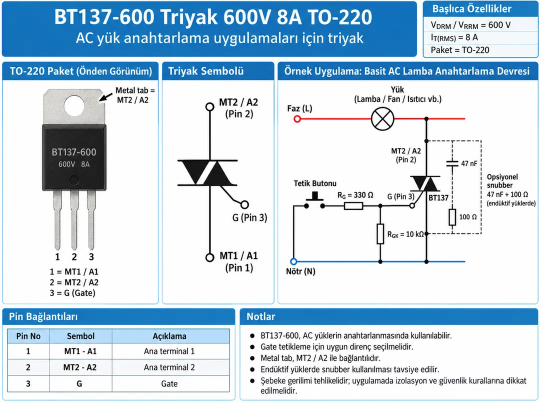 BT137-600 Triyak 600V 8A TO-220 pin dizilimi ve AC yük kontrol devresi