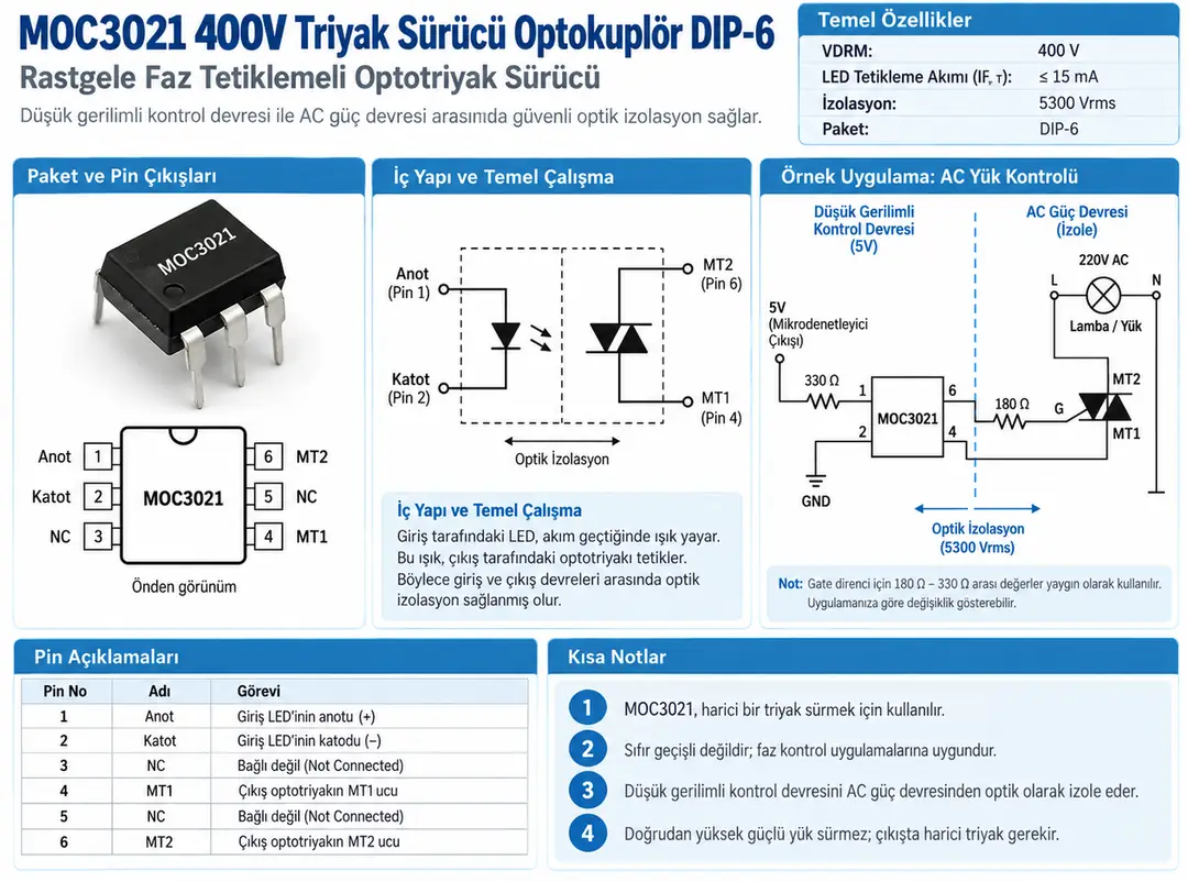 MOC3021 Random Phase Triyak Sürücü Optokuplör DIP-6 pin yapısı ve AC yük kontrol devresi