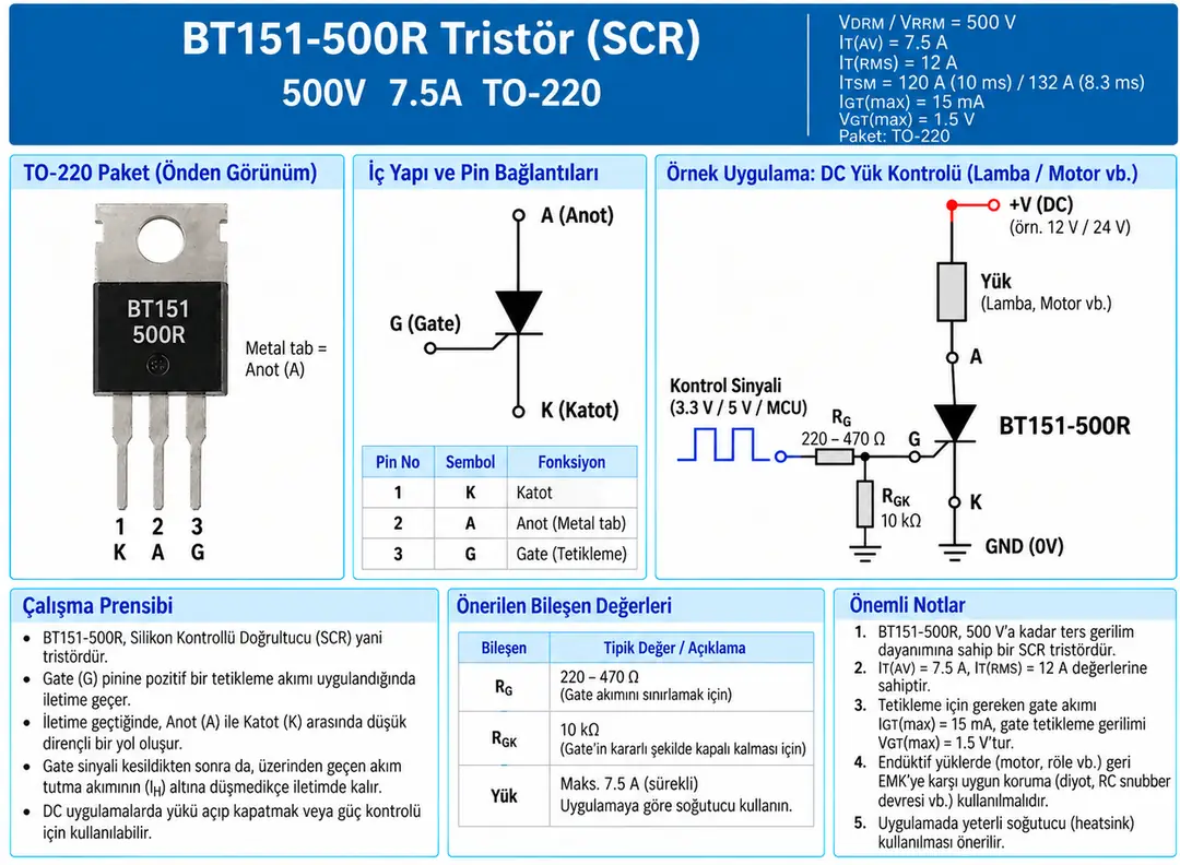 BT151-500R SCR Tristör 500V 7.5A TO-220AB pin dizilimi ve DC yük kontrol devresi