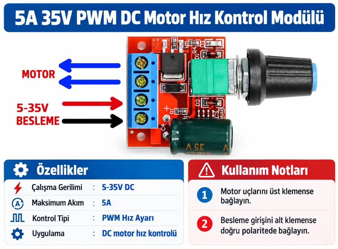 5A 35V PWM DC Motor Hız Kontrol Modülü bağlantıları ve teknik özellikleri