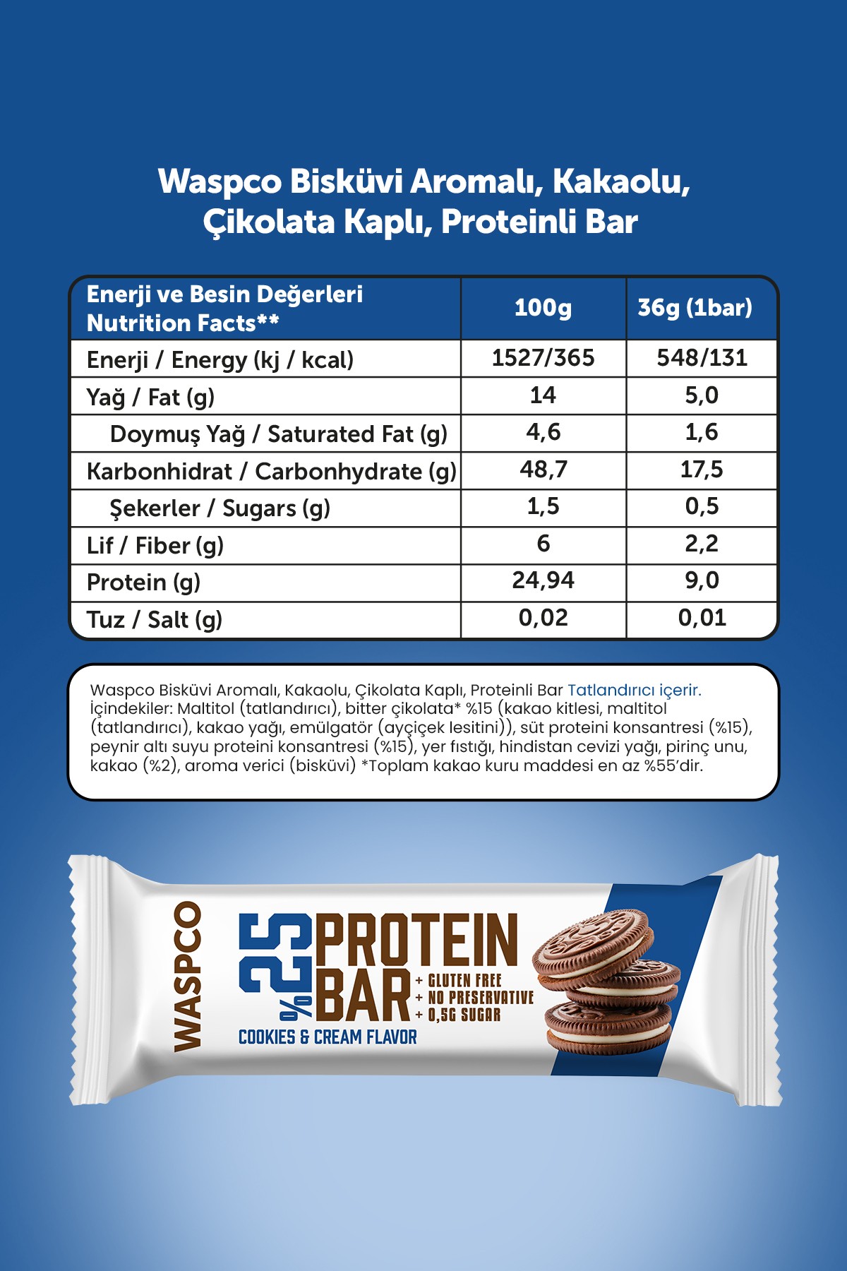 Bitter Çikolata Kaplı Bisküvi Aromalı Protein Bar 36G x 12 Adet