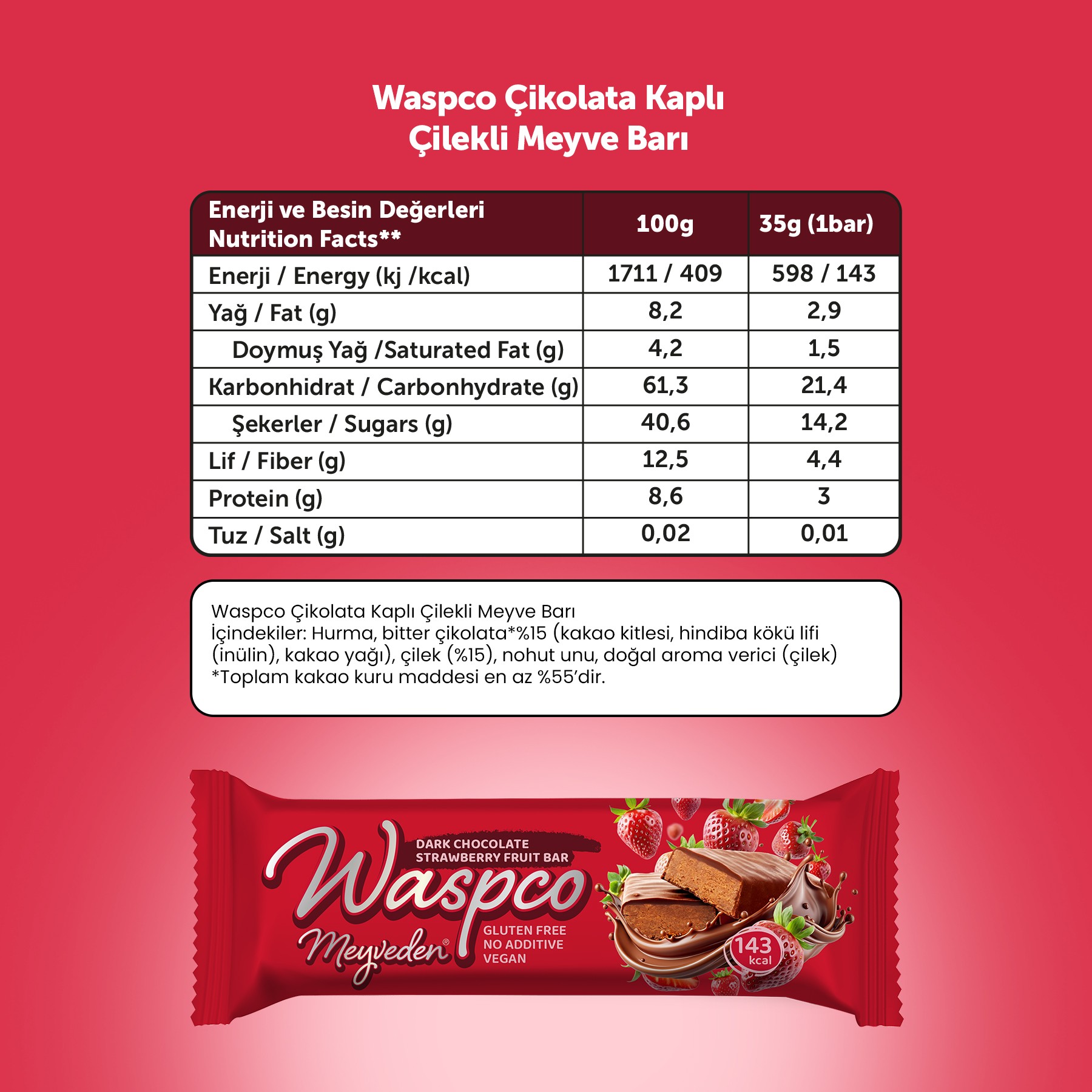 Bitter Çikolata Kaplı Çilekli Meyve Bar 35G x 12 Adet