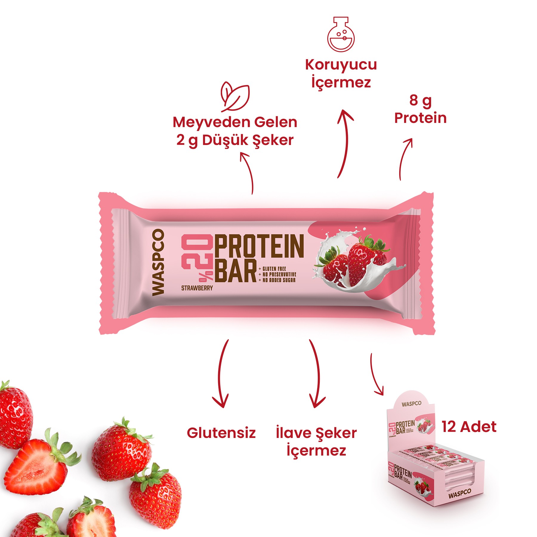 Çilekli Protein Bar 40g x 12 Adet