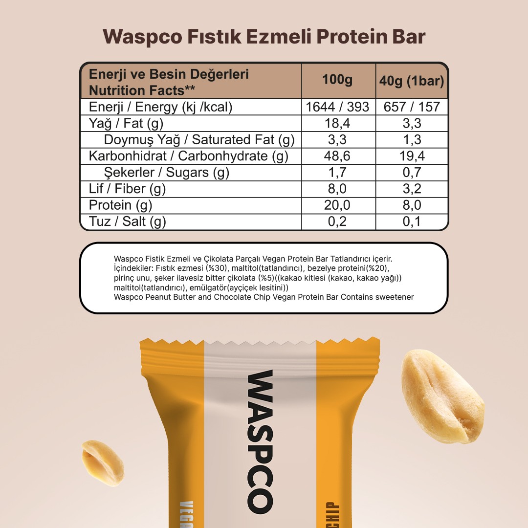 Fıstık Ezmeli ve Çikolata Parçalı Vegan Protein Bar 40g x 12 Adet
