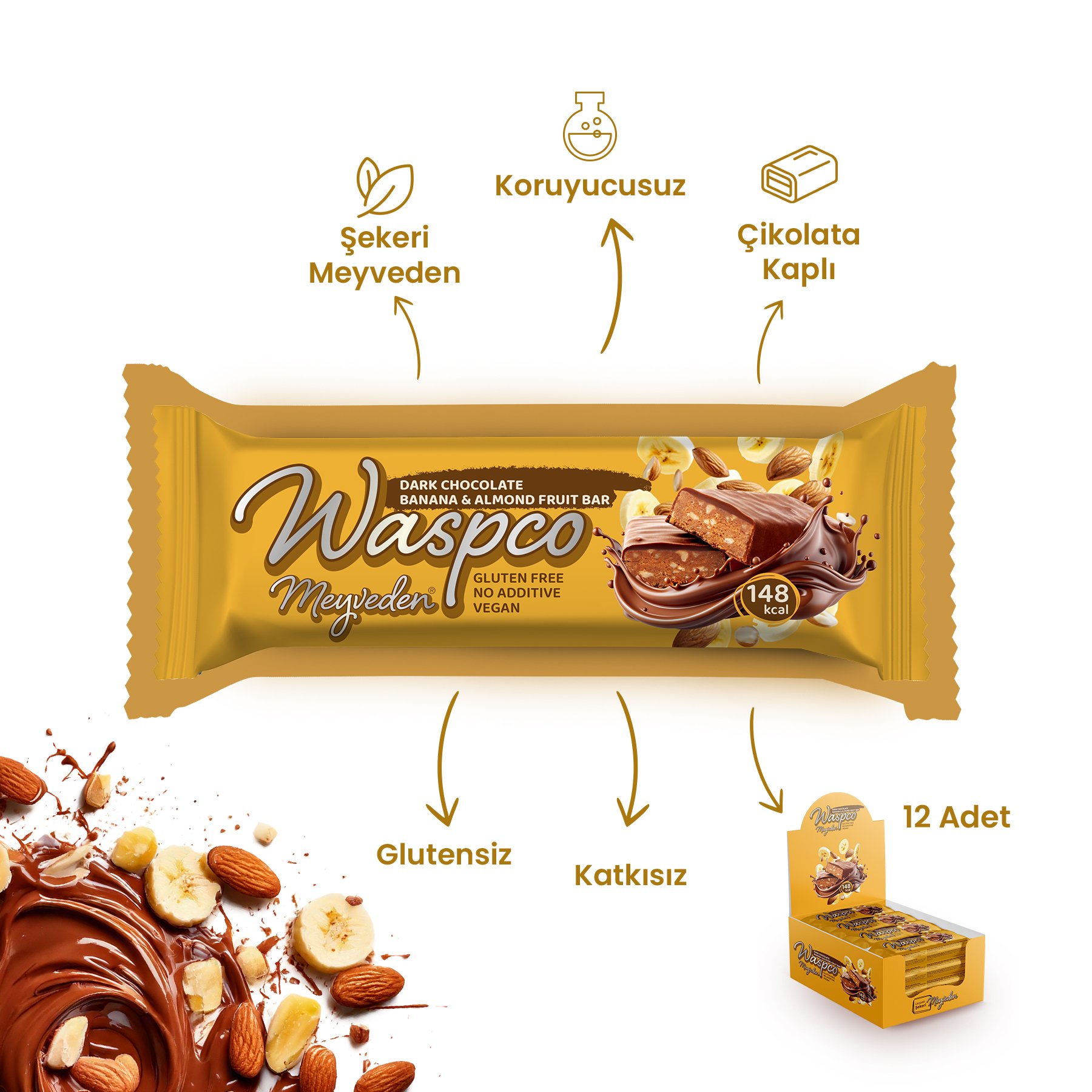 Bitter Çikolata Kaplı Muzlu ve Bademli Meyve Bar 35G x 12 Adet